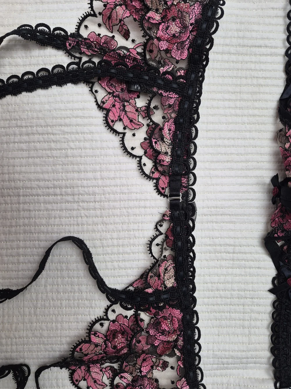For Love And Lemons Black Sheer Bra & Garter Set with Pink Floral Embroidery